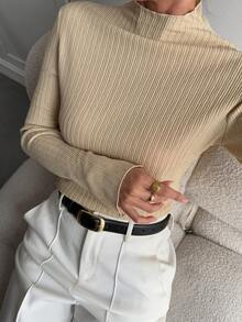 DAZY Women's Casual Solid Color Turtleneck Long Sleeve T-Shirt - Apricot - View 1