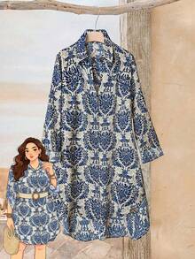 Rusticease 大码女式复古度假休闲开衫衬衫裙，带纽扣，弧形下摆，短款，长袖，适合初秋