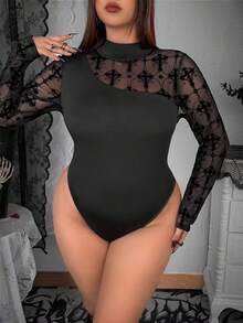 Whyspr Body de cuello alto ajustado con parches de terciopelo y malla en color negro sólido, gótico, streetwear, personalizado, Y2K, primavera/otoño - Negro - Ver 1