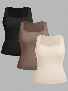 SHEIN Essnce 3pcs Plus Size All-Match Camisole Tank Tops, Slim Fit Versatile Outerwear, Spring/Summer - Multicolor - View 8