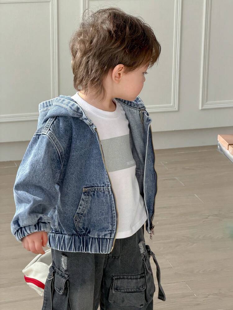Toddler Boys' Casual Loose Fit Hooded Washed Denim Jacket