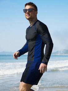 Manfinity Swimmode Men's Contrast Color Raglan Sleeve Top And Shorts Swimsuit 2 Pieces Set