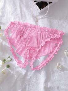 Multi-Layer Cake Hem, Ruffle Trim, Flounce, Open Crotch, Gathered, Cute, Sweet Women's Sexy Panties - Watermelon Pink - View 4