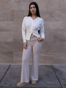 Andrea Bello Winter Clothes For Women, Clean Girl Winter Home Casual Kaluli Style Retro Striped Double Waist High Elastic Low Waist Wide Leg Pants - Khaki - View 1