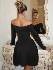 Relinas Sexy Deep V-Neck Fitted Short Puff Sleeve Cocktail Dress, Off-Shoulder Party Puff Dress