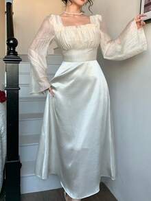 DAZY Đầm maxi nữ thanh lịch, xếp ly, cổ vuông, thích hợp làm đầm dự tiệc cưới, đầm hè. - trắng - Xem 4