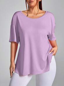 SHEIN Rhythm Era Áo thun thể thao tay ngắn hở lưng màu trơn cỡ lớn - Màu tím hoa cà - Xem 4