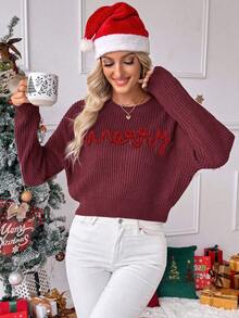 EMERY ROSE Women's Crew Neck Drop Shoulder Long Sleeve Letter Knit Sweater - Red - View 4