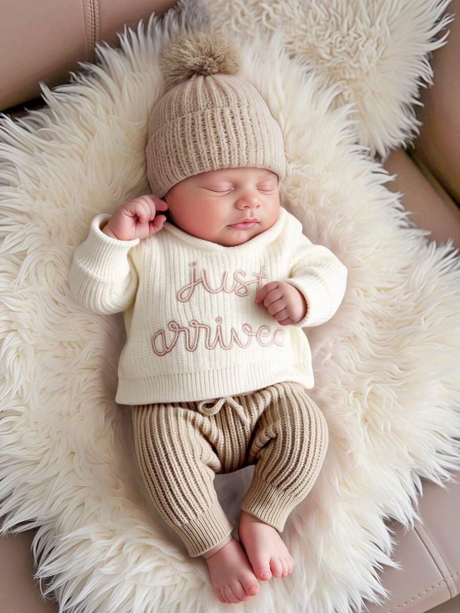 SHEIN 3Pcs Set Baby Hospital Arrival Announcement Outfit 1-3 Month Baby Knitted Tops And Pants With Hat Newborn Photo Shoot Props Neutral Baby Coming Home Outfit