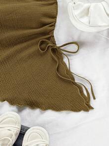 Soleia 女士夏季度假米色针织提花单肩修身下摆开衩抽绳褶皱吊带背心，适合派对、约会、情人节、复活节、狂欢节、下午茶、海滩、邮轮、城市度假等场合。 - 棕色 - 查看 5