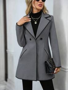 EMERY ROSE 女士休闲翻领双排扣长袖羊毛混纺外套，秋冬款 - 灰色 - 查看 8