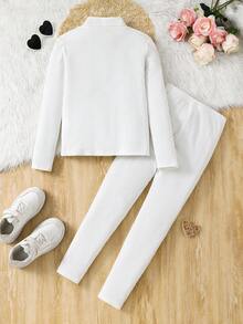SHEIN 2pcs Tween Girls Solid Color Knit Polo Neck Casual T-Shirt And Leggings Set 2pcs/Set Young Girls Casual White Ribbed Knit T-Shirt And Leggings Set, For Indoor And Outdoor Wear, Autumn/Winter 2pcs Young Girl Solid Color Knit Stand Collar Casual T-Shirt And Pants Set Adorable White Ribbed Knit Turtleneck And Leggings Set For Young Girls /Tween Girl  Soft Comfortable Two Piece Outfit Pajamas, Nightgowns, Daily Use White Outfit For  Tween Girls - White - View 10