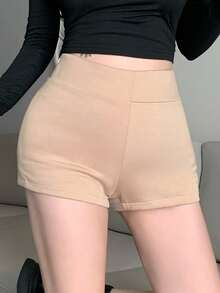 DAZY Celana Pendek Wanita Abu-abu Pas Badan dengan Pinggang Tinggi dan Elastis Gaya Y2K - Khaki - View 5