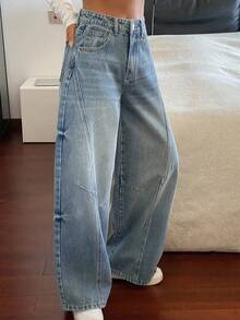 DAZY Women's Regular Waist Split Design Barrel Leg Casual Jeans - Light Wash - View 1