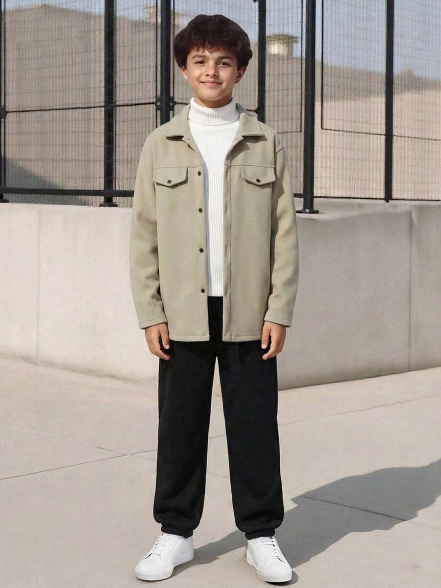 SHEIN Vacaura Tween Boy Casual 2 Pieces Set - Shacket And Pants, Suitable For Spring, Autumn And Winter - Army Green - View 1