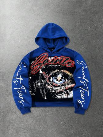 Street Life Men's Hooded Sweatshirt, Street Style, Popular American Eye Graphic Print Short Hoodie, Autumn/Winter, Long Sleeve Top