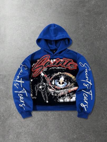 Street Life Men's Hooded Sweatshirt, Street Style, Popular American Eye Graphic Print Short Hoodie, Autumn/Winter