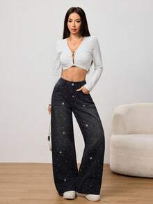 SHEIN PETITE Winter Summer Women's Casual Vacation Party Distressed Rhinestone Embellished Wide Leg Comfortable Black Washed Straight-Leg Jeans - Black - View 6
