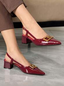 Sleekvia Damskie buty na grubym obcasie z noskiem w szpic, z metalową klamrą, w modnym stylu, w kolorze bordowym, z paskiem z tyłu i klamrą - Burgund - Zobacz 4