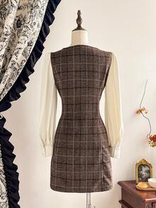 Vintamour 复古经典优雅女士连衣裙，秋冬款，修身剪裁，撞色拼接，格子连衣裙，棕色连衣裙，方领短款连衣裙，长袖连衣裙 - 棕色 - 查看 2