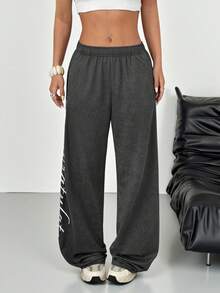 SHEIN EZwear 女士刺绣阔腿休闲裤 - 黑色 - 查看 4