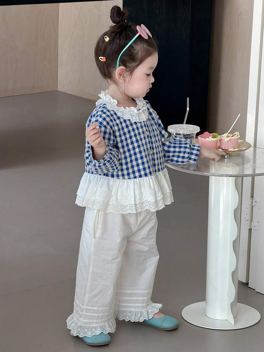 DAZY Toddler Girls' Lace Plaid Ruffle Trim Long Sleeve Blouse, Spring/Autumn