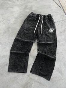 男士字母印花抽绳阔腿休闲运动裤，PAVTROS，Y2k，狂欢节，街头服饰，复古，度假，我爱我的男朋友，情人节 - 黑色 - 查看 3