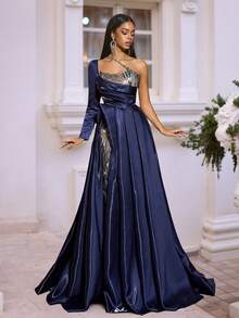 Glamrae Elegant Luxury Woven Sparkling Sequin Embroidered Liquid Satin, Asymmetric Neckline Double-Layer Wrap With Handmade Pleats, Inverted U-Shaped Flared Skirt, Suitable For Wedding, Gala, Event, Banquet, Business, And Concert Guest Formal Dress - Navy Blue - View 4