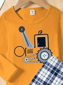Young BoyOrange Crew Neck Long Sleeve Top With Construction Vehicle Print, Paired With Blue & White Plaid Loose Fit Knit Pants, Comfortable 2-Piece Pajama Set - Multicolor - View 5