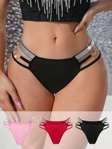 MidnightGlam 3pcs ,Comfortable & Glamorous Silver Ribbon Women's Thong Panties,Hollow Out Rhinestone Strappy Lingerie For Valentine's Day,Wedding,Black,Summer - Multicolor - View 7
