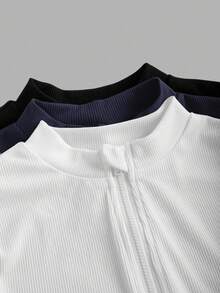 SHEIN Girlism 少女纯色白色米色黑色三件套休闲拉链高领罗纹长袖T恤套装，适合秋冬季节，日常休闲穿着，非常适合休闲、日常穿着和上学穿着。 - 藏蓝色 - 查看 10