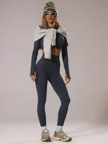 Musera Sport Sport Fitted Long Sleeve Crop Top Padel Winter Activewear Sport Gym Workout Explorer - Navy Blue - View 5