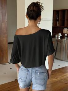 SHEIN EZwear 女士黑色鬆身雪紡領寬鬆露肩上衣