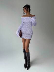 Aloruh Young Lady's Off Shoulder Turndown Collar Long Sleeve Mini Grey Knitted Dress, Loose Top & Tight Bottom, Autumn/Winter - Violet Purple - View 3