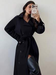 Firerie 女士卡其色翻领仿皮袖收腰双排扣中长款风衣，长袖防风外套，春秋冬装，通勤，优雅，日常，工作装 - 藏蓝色 - 查看 4