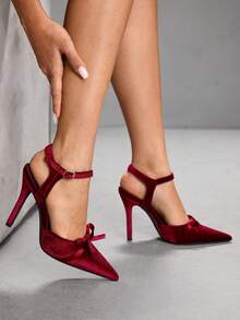 CUCCOO SZL Giày cao gót nhung đính nơ, gợi cảm cho các bữa tiệc và liên hoan. - Màu Đỏ Sâu - Xem 4