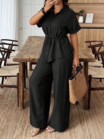 Weeklong Plus Size Women Solid Color Short Sleeve Single-Breasted Shirt And Wide Leg Pants Casual 2 Pieces Set