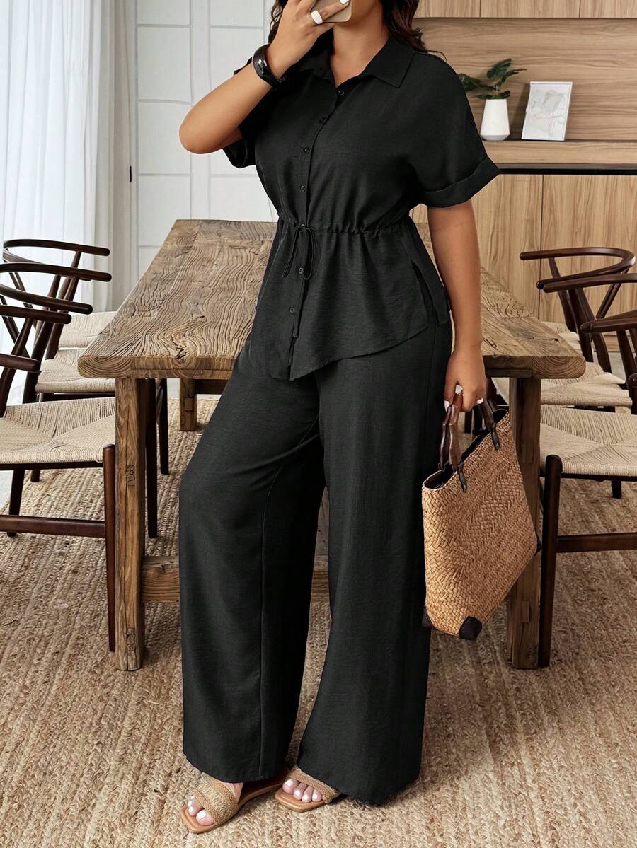 Weeklong Plus Size Women Solid Color Short Sleeve Single-Breasted Shirt And Wide Leg Pants Casual 2 Pieces Set - Black - View 1