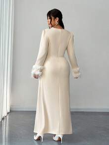 Elenzga Đầm dự tiệc tay dài cổ tròn, eo thắt nơ, viền bèo nhún cỡ lớn dành cho nữ, thanh lịch, lãng mạn, tinh tế, dự tiệc, năm mới, ngày lễ, khách dự tiệc cưới, thu/đông - Màu be - Xem 3