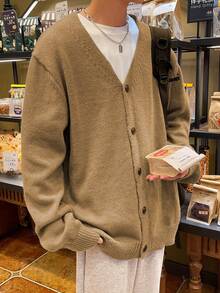 Claim Dot Áo khoác cardigan nam màu trơn cài nút phía trước, thời trang thu đông, dài tay - Lạc đà - Xem 3