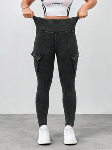 SHEIN FlexDen Women's Casual Washed High Waist Slim Fit Cargo Jeans - Black - View 3