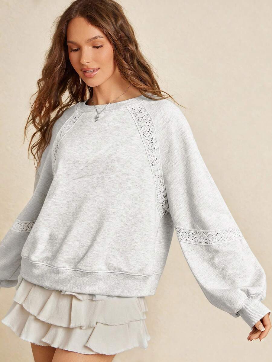 WESTFADE Fleece & Crochet Lace Crewneck Raglan Sleeve Boxy Fit Sweatshirt Back To School Fall Clothes - Grey - View 1