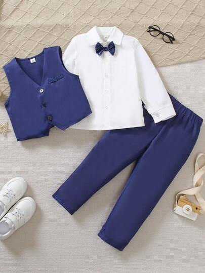 三件套男童绅士套装 - 白色衬衫、藏蓝色马甲、藏蓝色松紧腰裤，适合生日派对、婚礼、正式场合、万圣节、圣诞节、感恩节、秋冬季等场合。