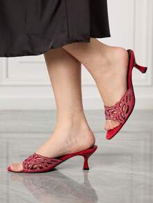 Sleekvia Women's Pointed Toe Rhinestone Hollow Design Elegant High Heel Sandals - Red - View 5