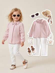 SHEIN 2pcs Young Girls Light Pink Autumn Family Matching Outfit,Peter Pan Collar Bow Knot Long Sleeve Shirt Blouse & White Pants Set For School Party - Pink - View 1