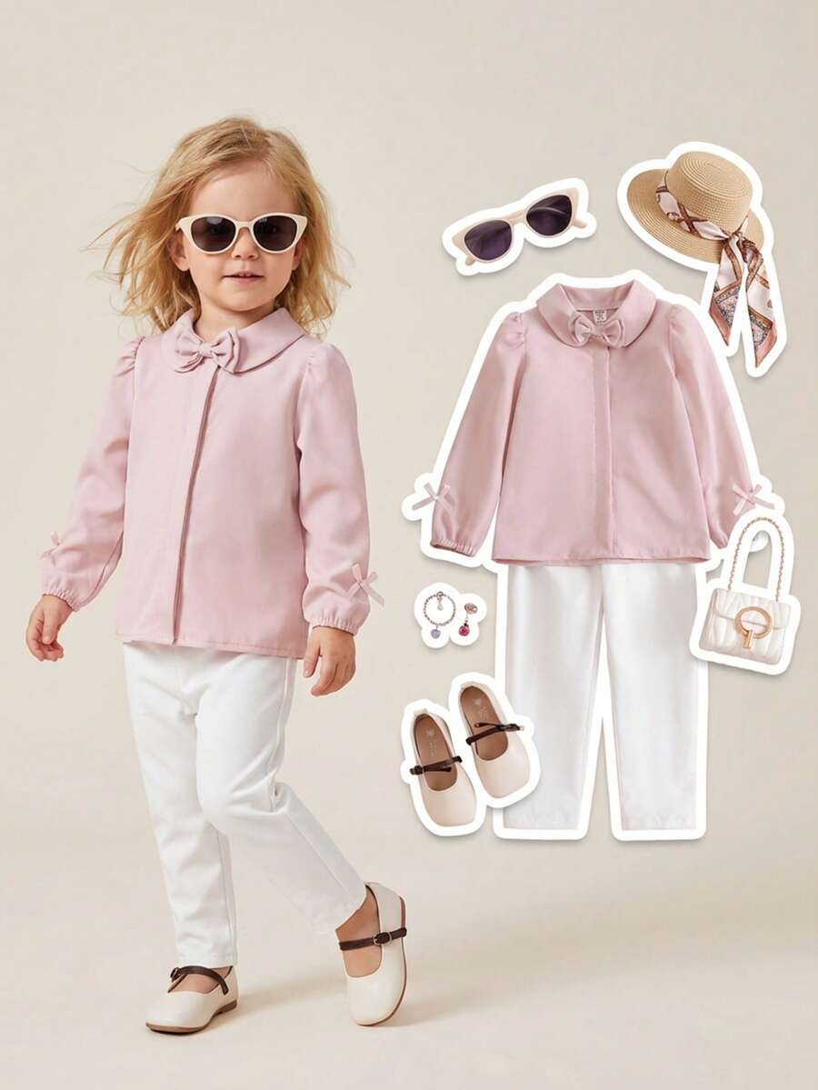 SHEIN 2pcs Young Girls Light Pink Autumn Family Matching Outfit,Peter Pan Collar Bow Knot Long Sleeve Shirt Blouse & White Pants Set For School Party - Pink - View 1