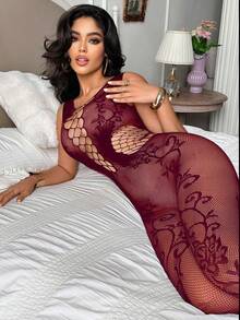 1pc Women's Floral Sheer Sexy Bodystocking Fishnet Lingerie - Burgundy - View 4