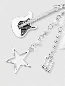 ROMWE Kawaii 2pcs Fashionable & Versatile Silver Chain Faux Pearl Resin Star, Heart, Butterfly, Acrylic Wind Chime, Music Note, Bow Tie, Black & White Electric Guitar Pendant DIY Keychain, Bag Charm, Suitable For Sisters, Best Friends, Couples, Daily Wear, Holiday Gifts - Silver - View 6