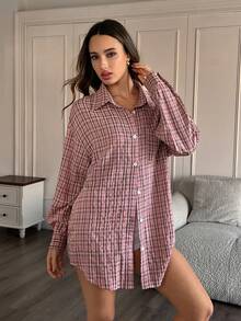 HautHeat Women's Plaid Front Button Long Sleeve Pajama Top - Burgundy - View 1