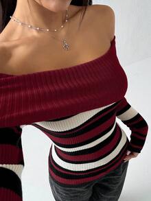 Flirla 女士条纹露肩长袖修身毛衣 - 酒紅色 - 查看 7